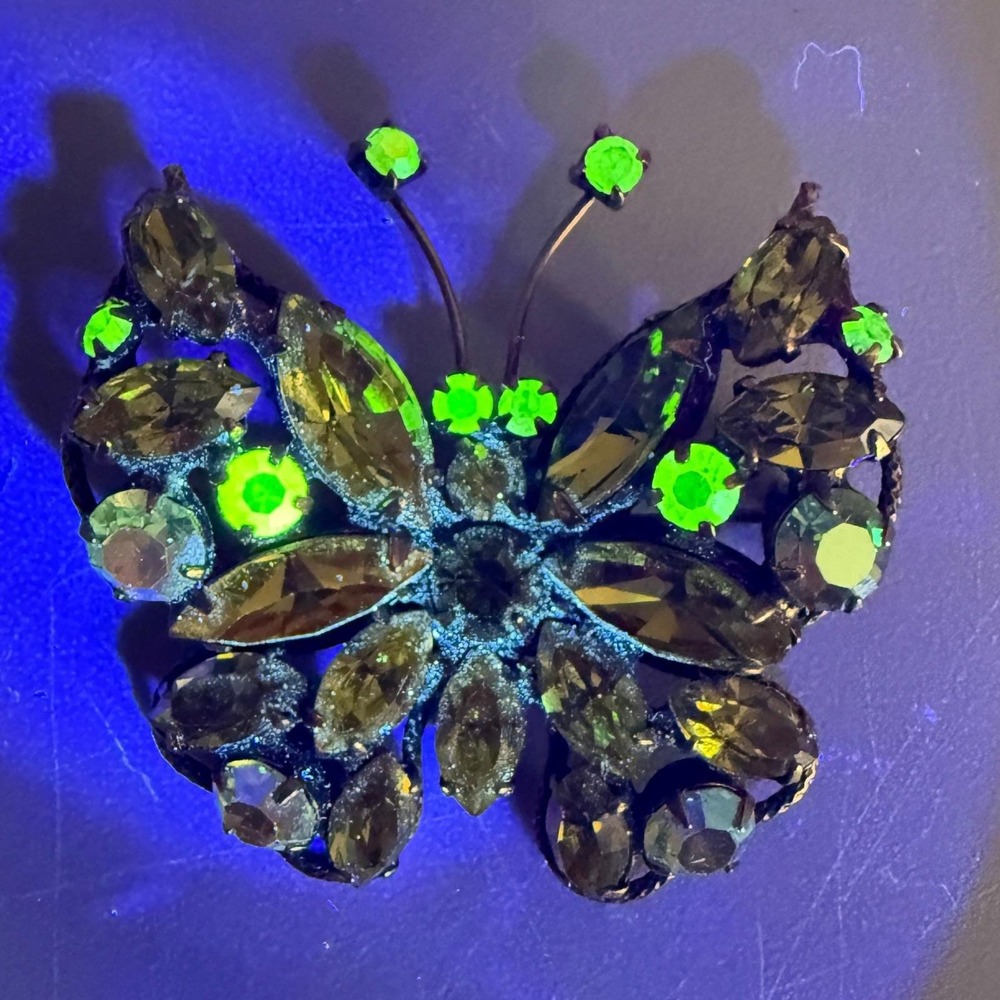 Vintage Regency Rhinestone Butterfly Brooch Green Uranium Glass MCM Signed
